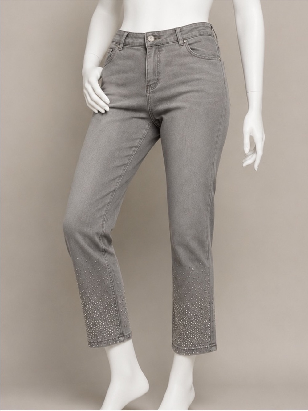 Ashley Stewart Plus Size 26 Gray Rhinestone Straight Leg Stretch Jeans
